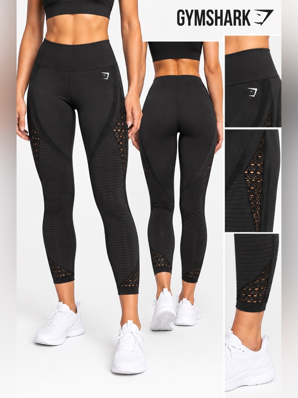 Gymshark Black Seamless 7/8 Leggings Cutout Mesh Ribbed High Waist XS
